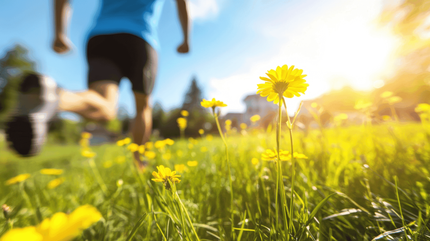 våräng med blommor och spring i benen